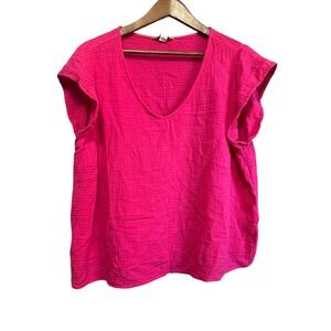 Threedots Hot Pink Gauze V-Neck Flutter Sleeve Top Women's Size XL